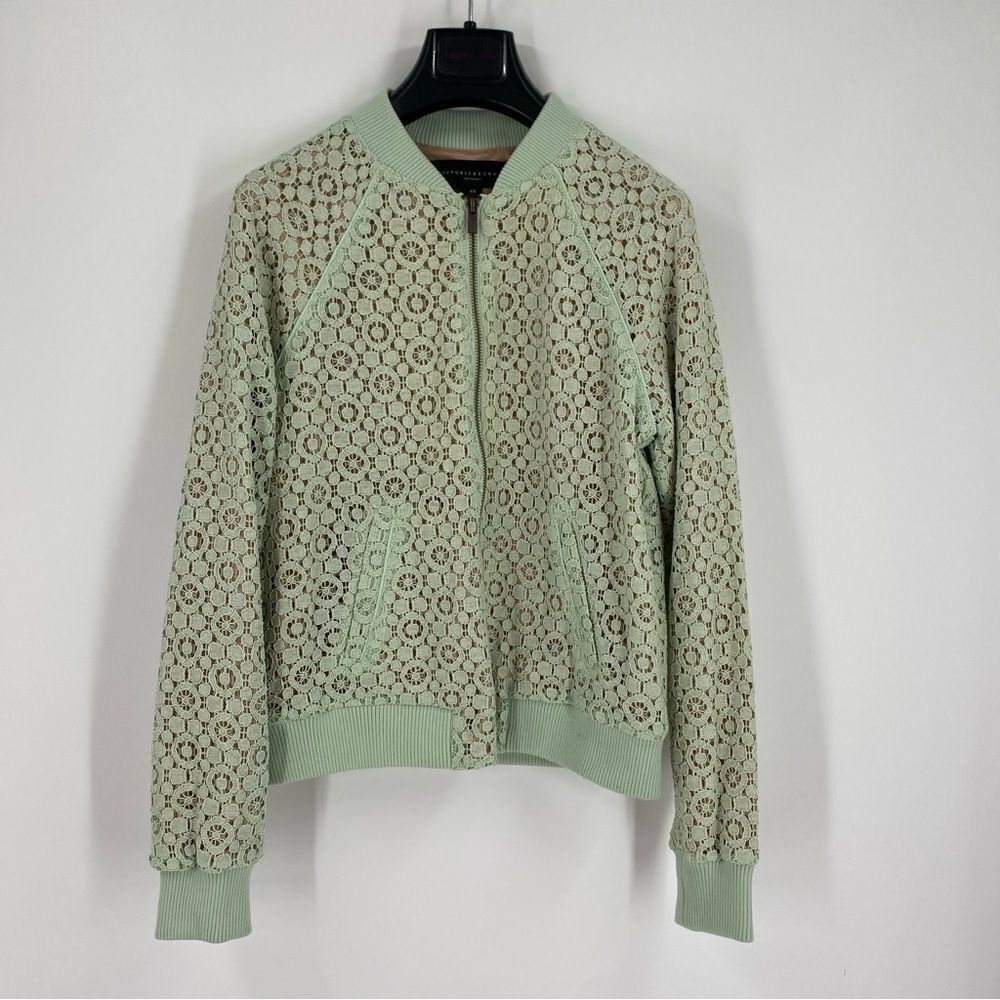 Victoria Beckham Women Zipper Front Lined Lace Mint Green Lightweight Jacket XS